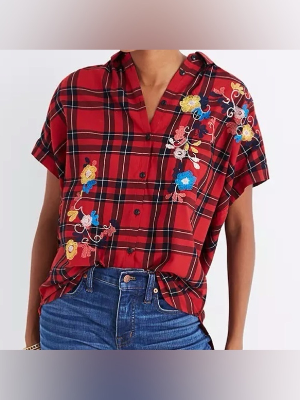 Madewell Red Plaid Button-Down Top with Floral Embroidery